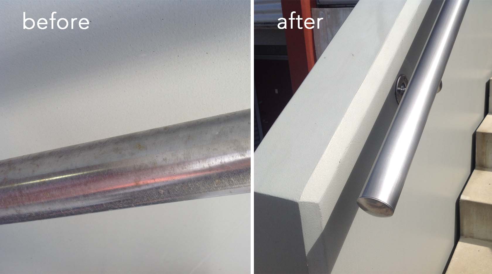 Before and After of stainless bannister cleaned and then coated with ProtectaClear