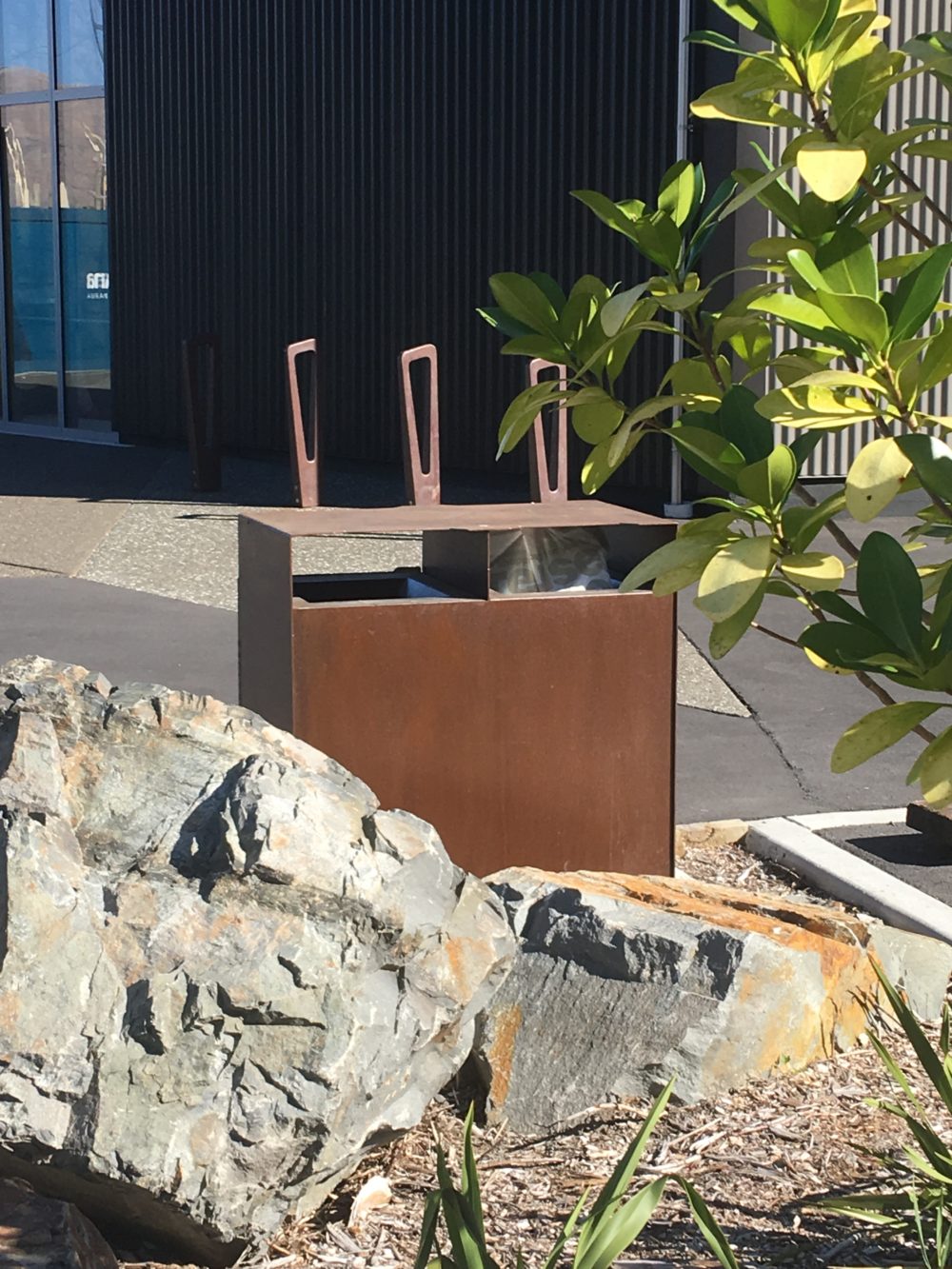 Corten Steel Rubbish bin at Lyttleton Marina protected with Everbrite to stop staining