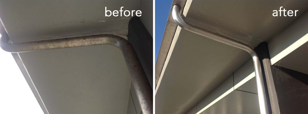 Stainless steel downpipes before and after being cleaned and coated with ProtectaClear
